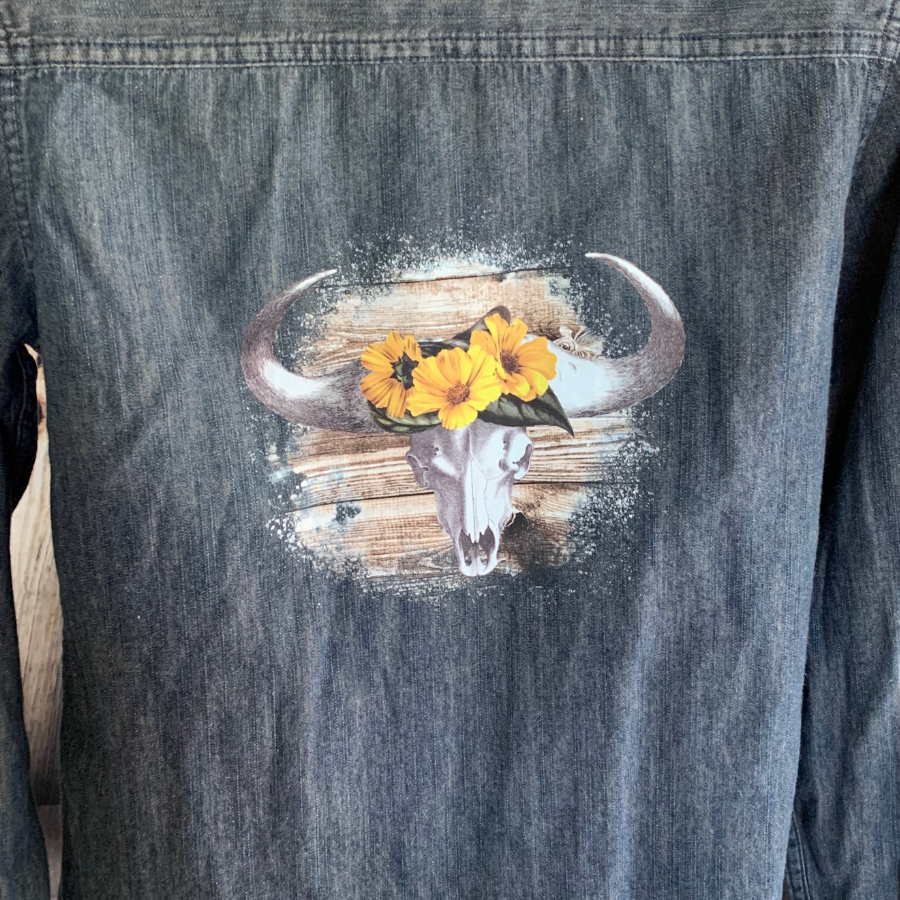 Cow Skull with Yellow Flowers - Custom Kids Jean Shirt