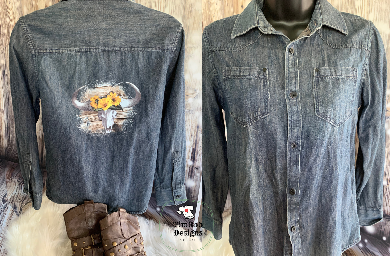 Cow Skull with Yellow Flowers - Custom Kids Jean Shirt