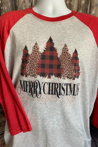 Merry Christmas -plaid and leopard print Trees Tee 3/4 Raglan