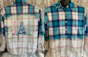 Merry Christmas - Pink/Blue/Teal trees - Bleached Flannel Shacket